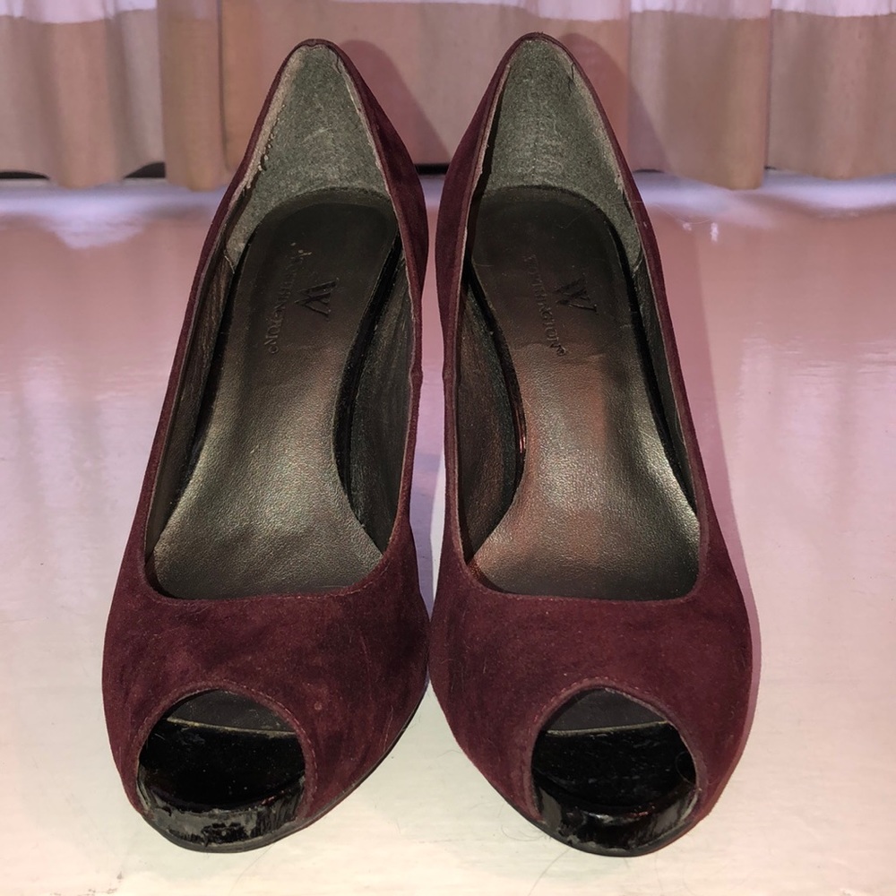 Burgundy faux suede peep toes